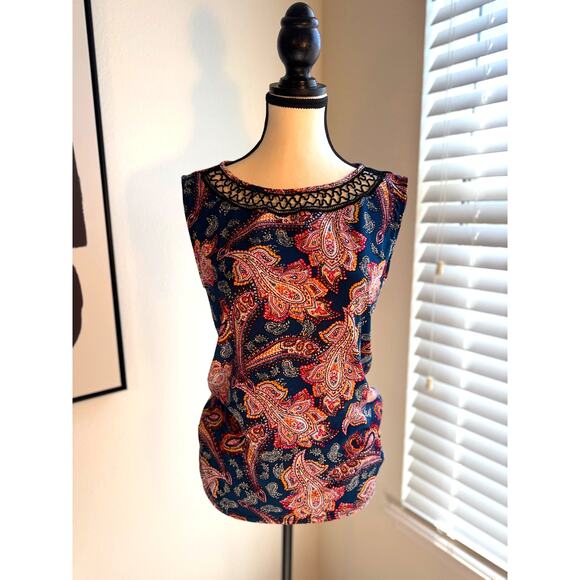 Paisley Sleeveless Blouse / Crochet Neckline –Boho Chic Top | Soft & Light| Sz M - Picture 2 of 4